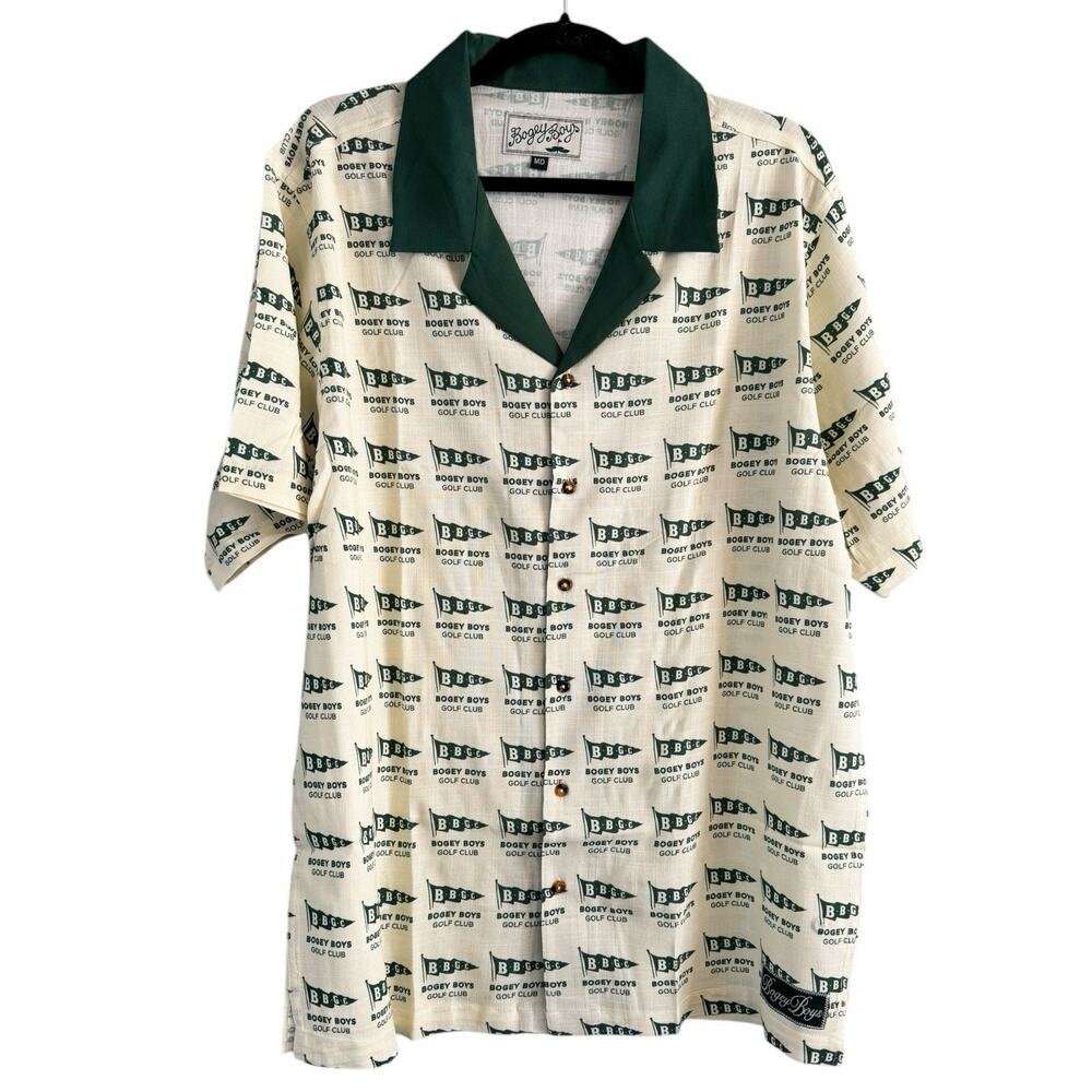 NWOT Bogey Boys by Macklemore Flag Print Button Up Golf Shirt Ivory/Green Size M